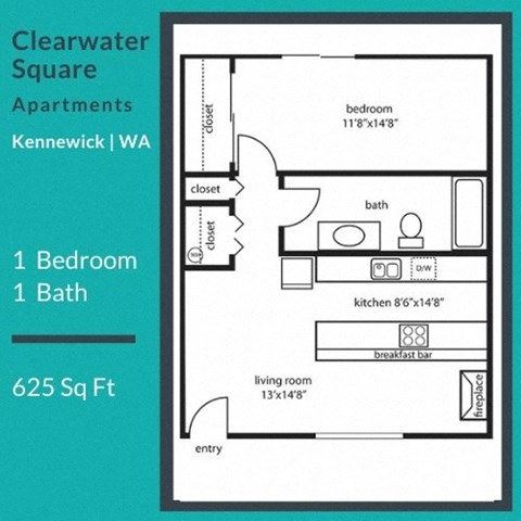 Floor plan for 1 bed, 1 bath, 625 sqft